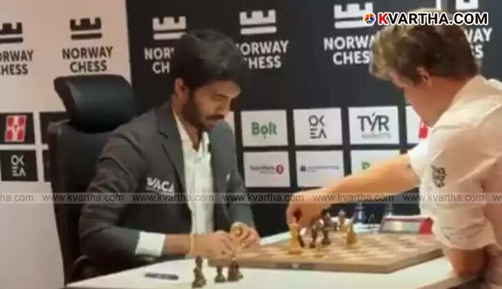D Gukesh celebrates his victory over Magnus Carlsen at Norway Chess 2025.
