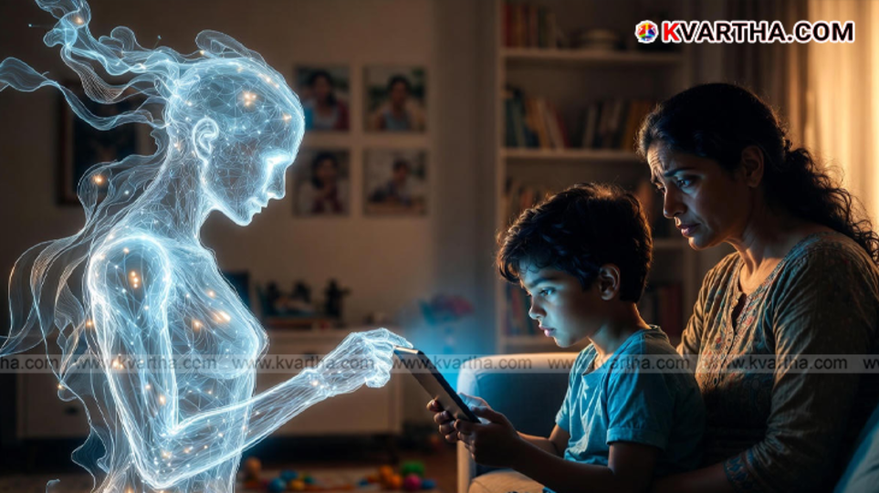 Child using AI device while parent looks concerned