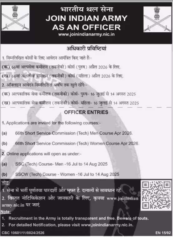 Indian Army Short Service Commission Tech recruitment advertisement