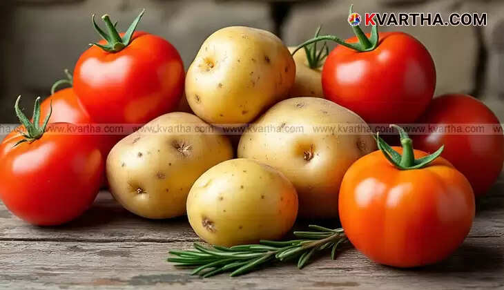 A potato and a tomato placed side by side, symbolizing their genetic link.
