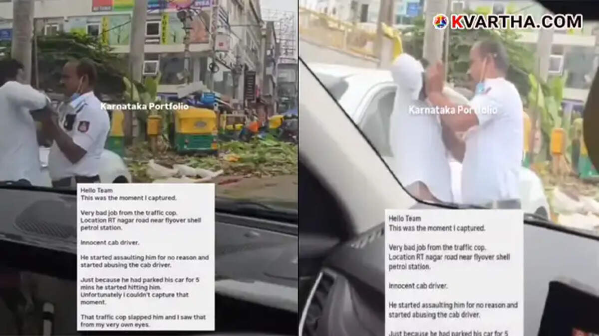 Traffic police officer assaulting a cab driver in Bengaluru