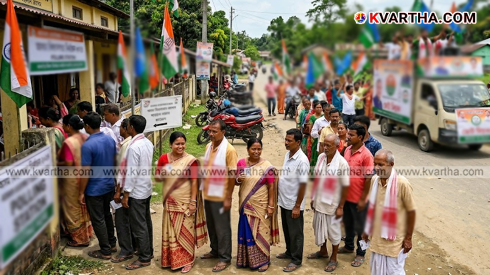 A symbolic scene of the Assam assembly elections, voters and political campaigns.