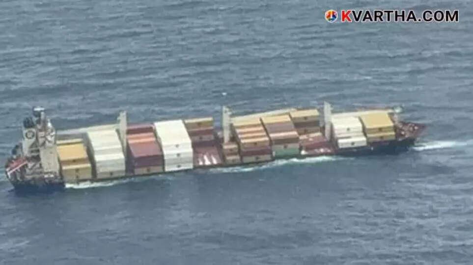 Image of the MSC Elsa 3 ship partially submerged in the Arabian Sea off the Kerala coast.