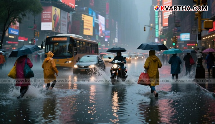 A waterlogged street in Delhi with vehicles navigating through the flood.