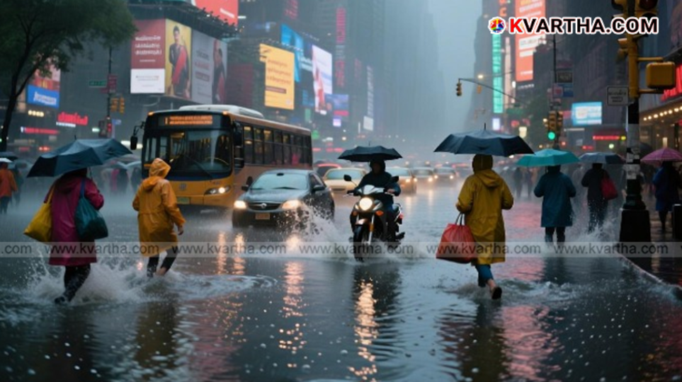 A waterlogged street in Delhi with vehicles navigating through the flood.
