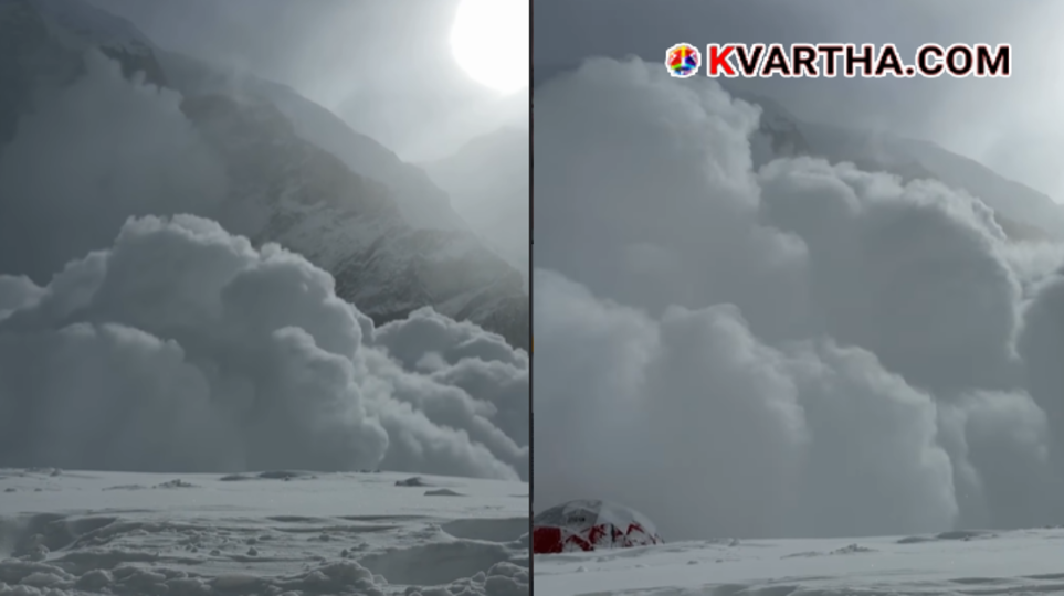A giant wall of snow and ice cascading down the slopes towards the Mount Everest base camp on the Tibet side.