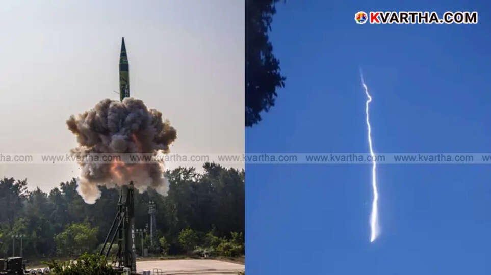 A long-range Agni 5 missile being test-fired from a launchpad.
