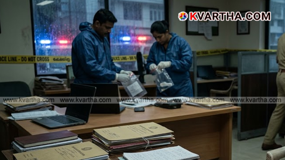 Ernakulam rural police officers examining suspicious bank statements and files related to the organ trade scam.