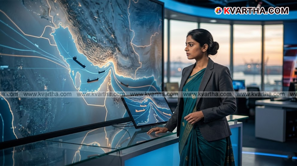 Satellite image of the Strait of Hormuz showing the narrow passage between Iran and Oman.