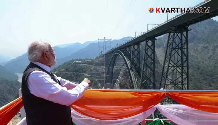 Prime Minister Narendra Modi inaugurating the Chenab Railway Arch Bridge in Jammu and Kashmir.