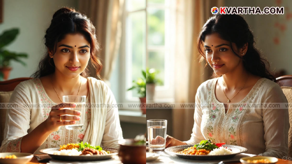 A person drinking water while eating a meal causing digestion issues