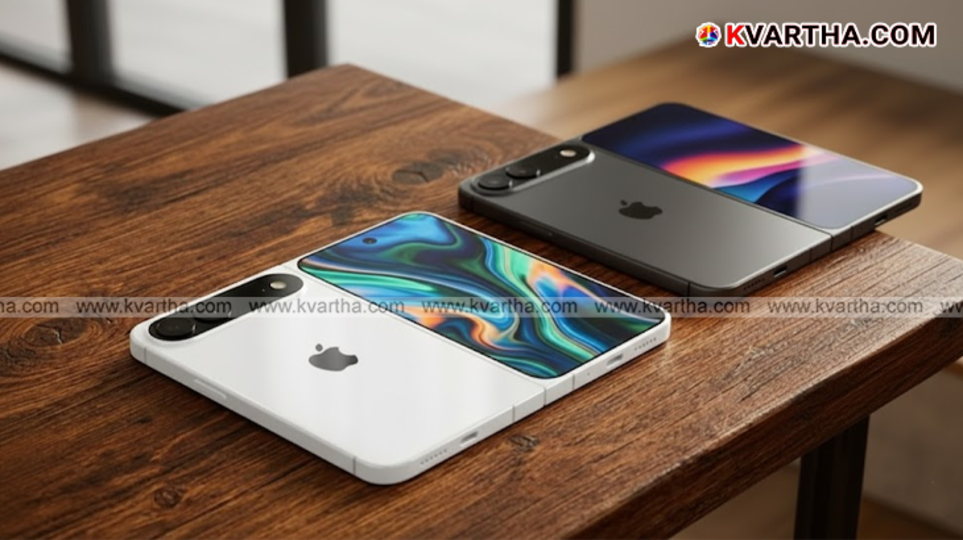 Concept render of a foldable iPhone showing the camera module and hinge.