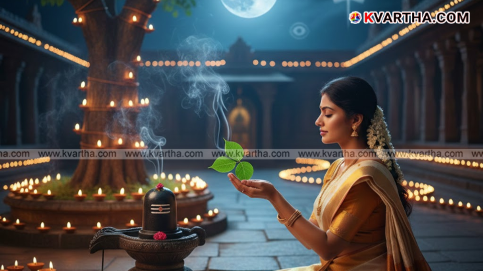 Fresh Bilva (Koovalam) leaves being used for Shiva Linga worship during Shivarathri.