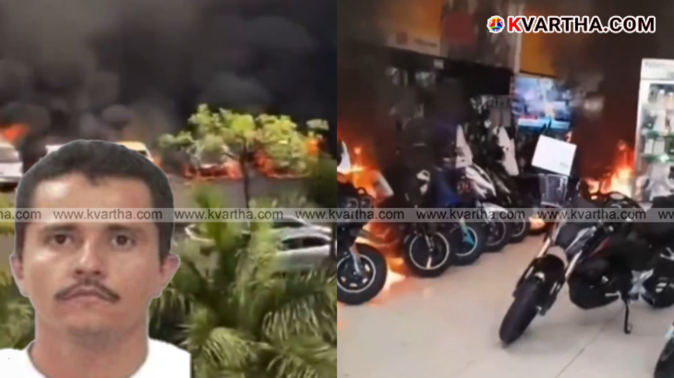 A photo of Nemesio Oseguera Cervantes 'El Mencho' with scenes of burning vehicles in Mexico.