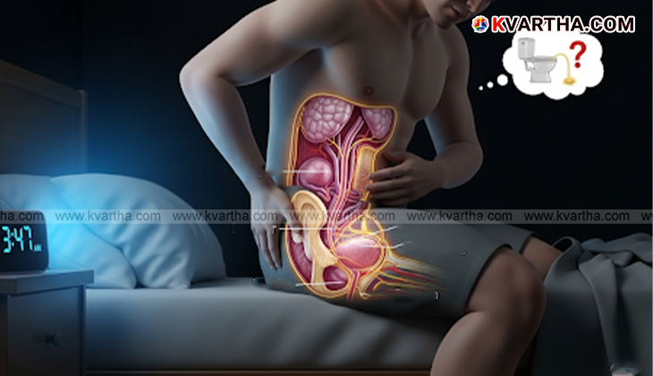 A man waking up at night to urinate, a possible symptom of prostate cancer.