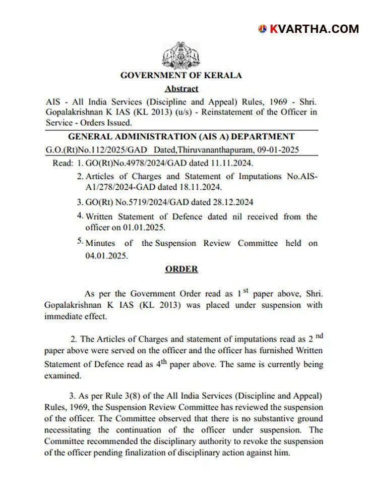 K. Gopalakrishnan reinstated in service after suspension in controversy.