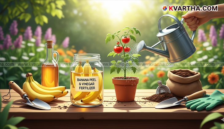 A hand holding a banana peel over a potted plant, symbolizing the use of natural fertilizer.