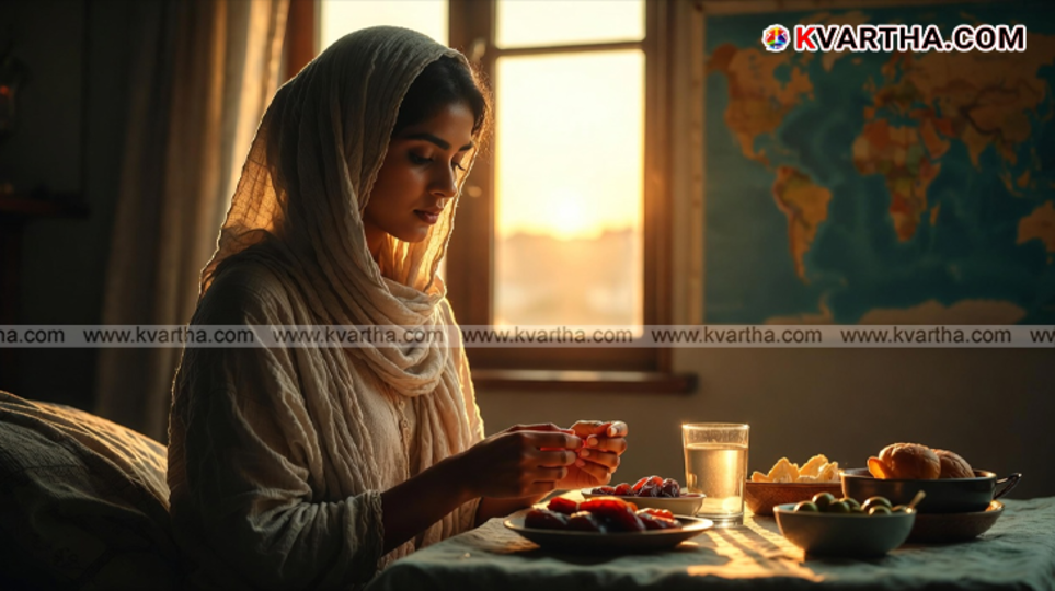 A crescent moon over a global skyline illustrating Ramadan fasting durations.