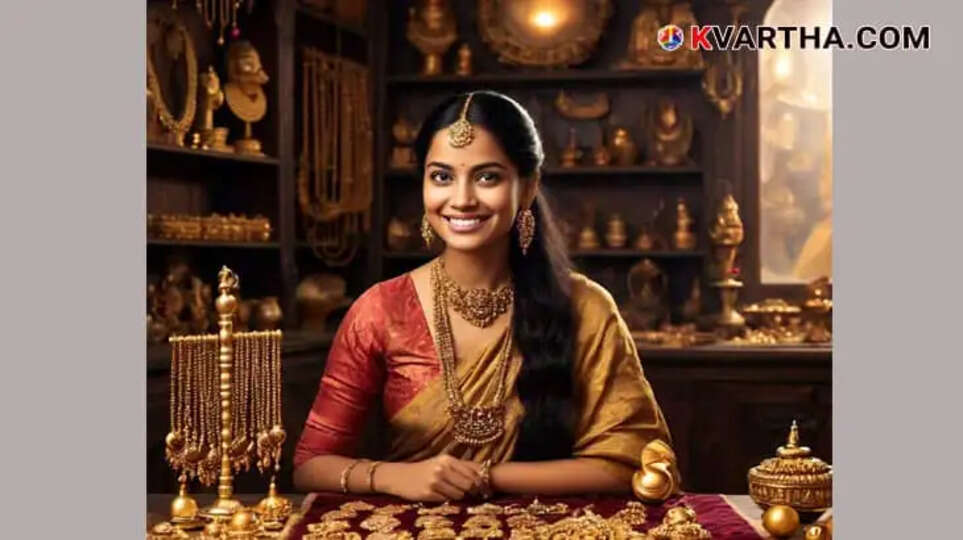 A woman wearing gold infront of gold ornaments