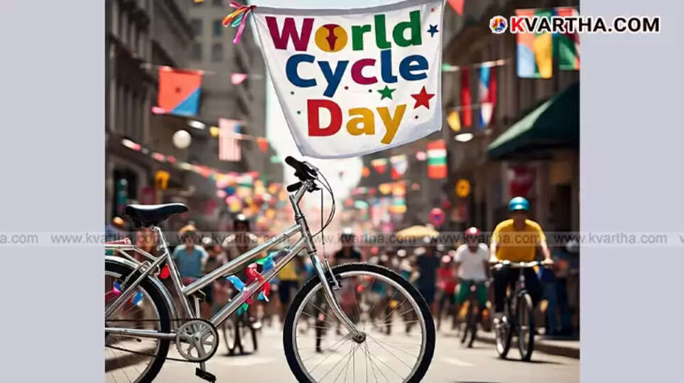 A person riding a bicycle on World Bicycle Day, emphasizing health and environmental benefits. 