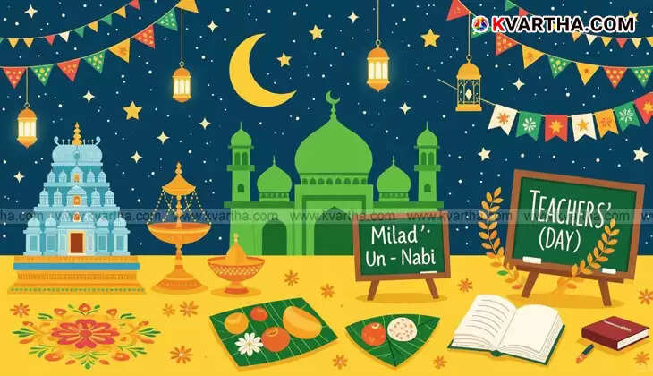 A photo showing a mix of Onam flower arrangements, Nabi Dinam celebrations, and Teachers' Day events.