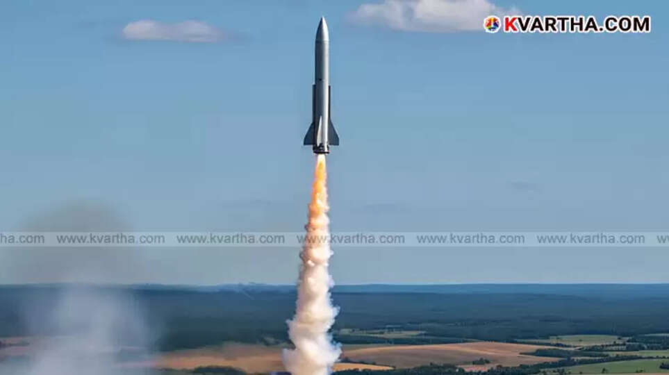 A ballistic missile launching into the sky, leaving a trail of smoke.