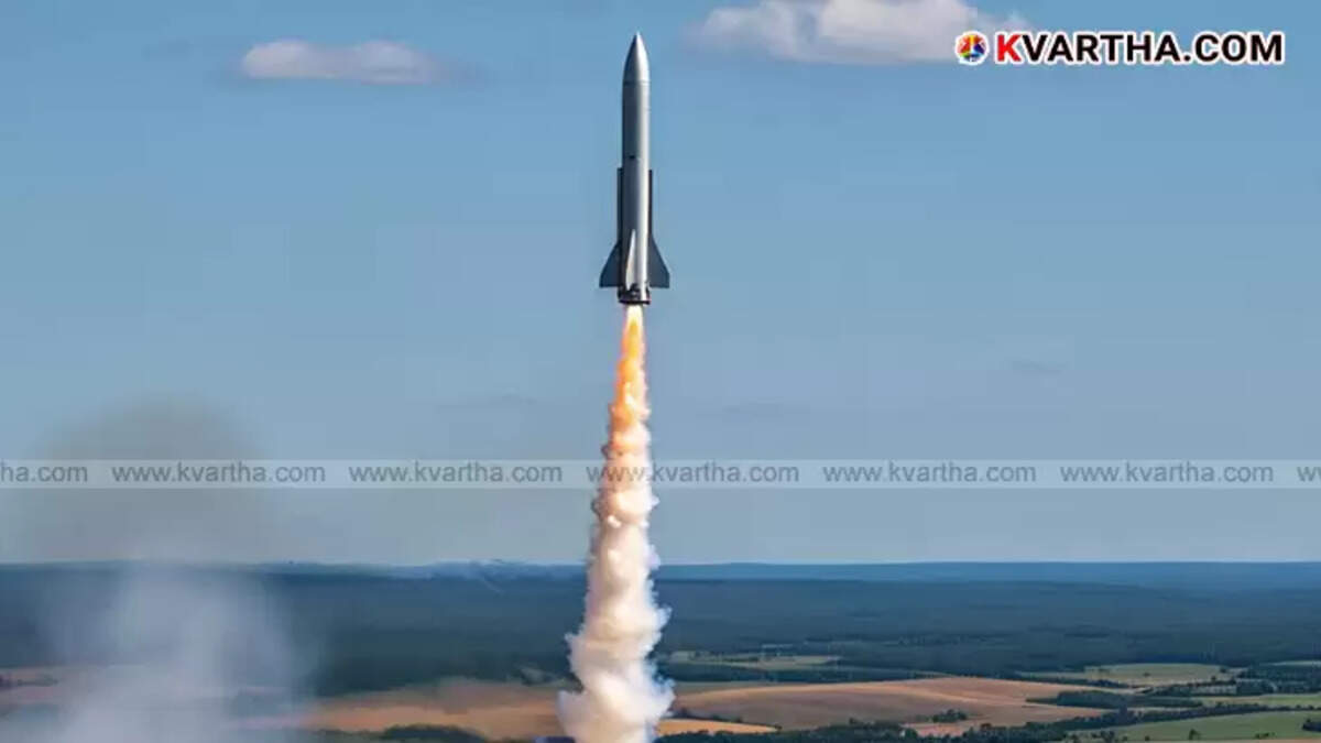A ballistic missile launching into the sky, leaving a trail of smoke.