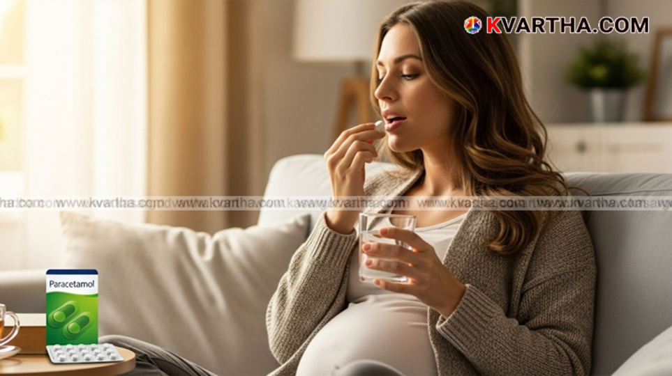 A pregnant woman holding her stomach, with a blurred image of a pill bottle in the background.