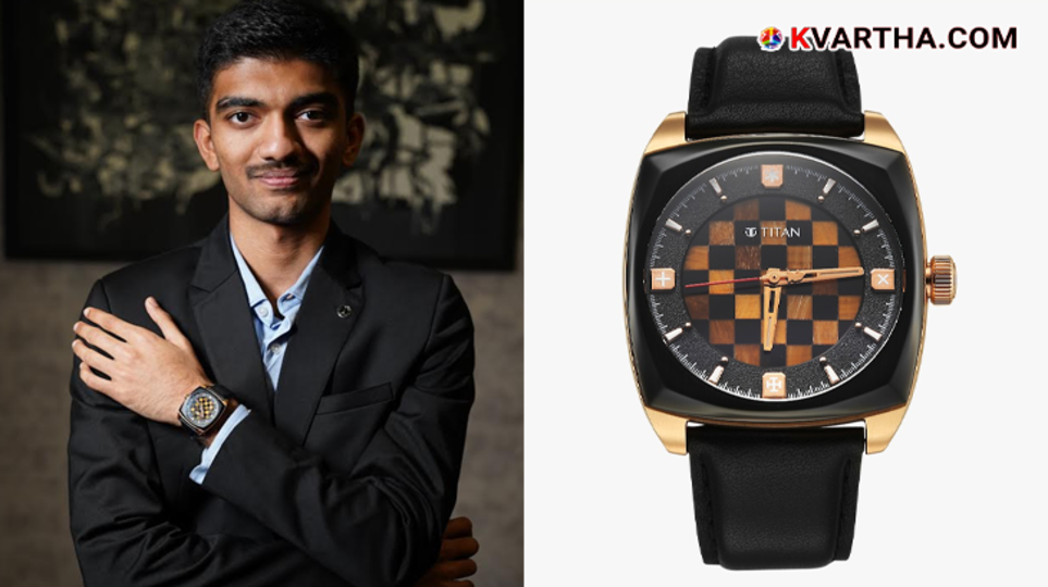The limited edition Titan watch inspired by Grandmaster Gukesh and a chessboard.