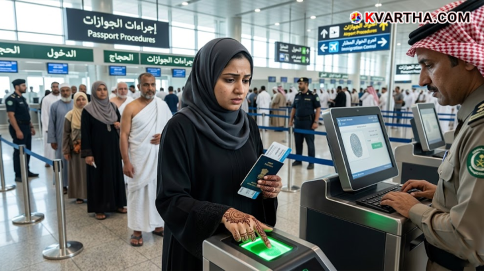 A symbolic scene warning Hajj pilgrims to avoid using henna on their hands.