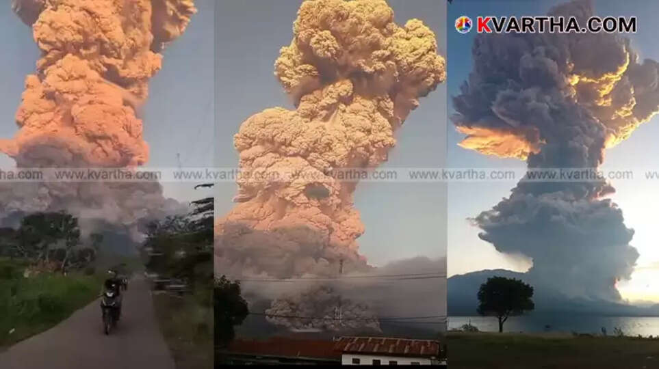 Volcanic ash cloud rising from Mount Lewotobi Laki-laki volcano in Indonesia.