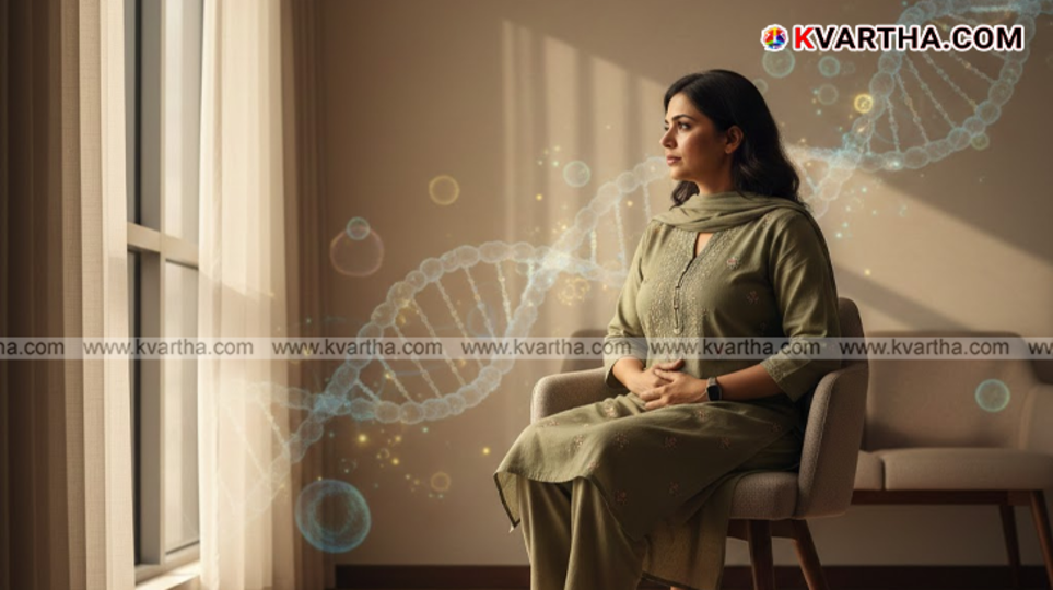 A 3D illustration of a DNA strand with a fetus in the background.