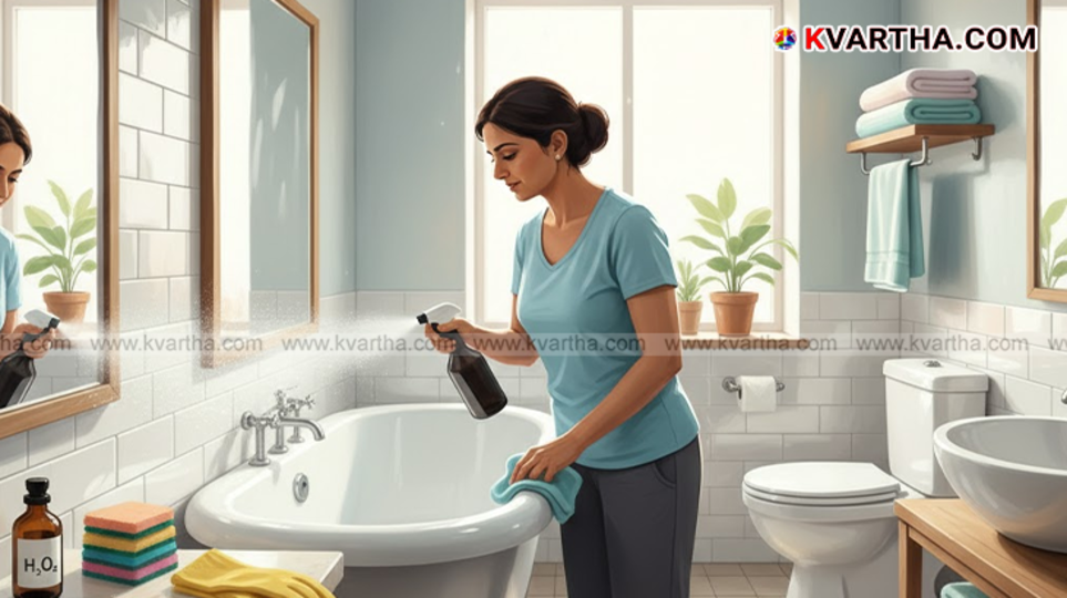 Person cleaning bathroom tile with hydrogen peroxide spray