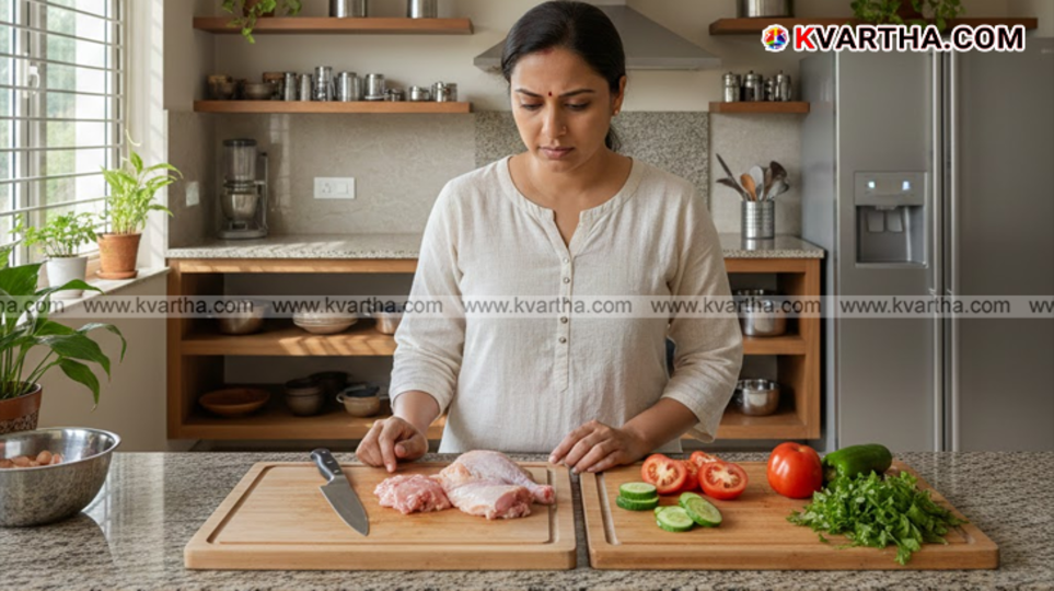 Different colored cutting boards representing separation of raw meat and vegetables.