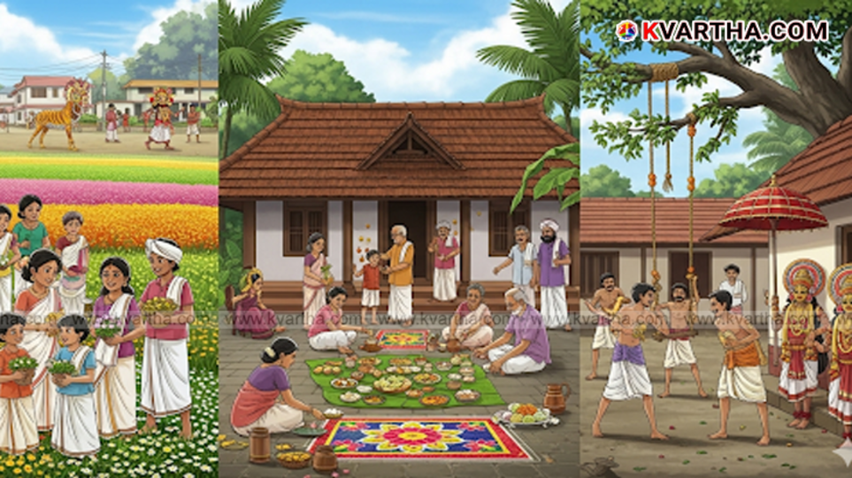 A vibrant Pookalam (Onam floral carpet) with traditional flowers.