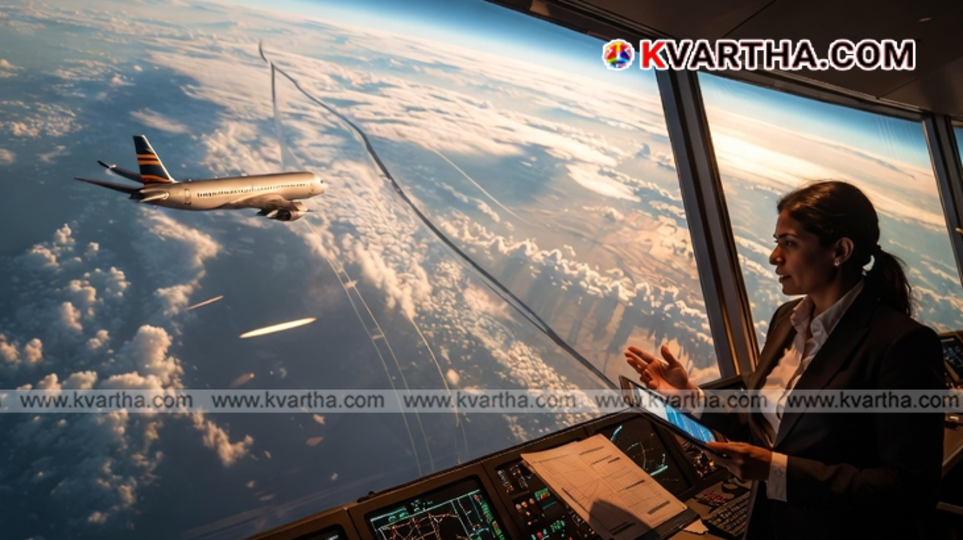 Conceptual illustration showing an airplane following a curved path on a 3D globe.