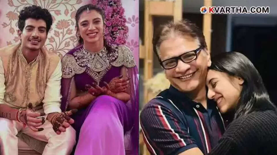 Smriti Mandhana with her husband, Palash Muchhal and father, Srinivas Mandhana.