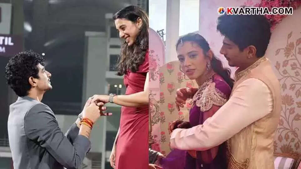 Smriti Mandhana and Palash Muchhal posing at a ceremony.