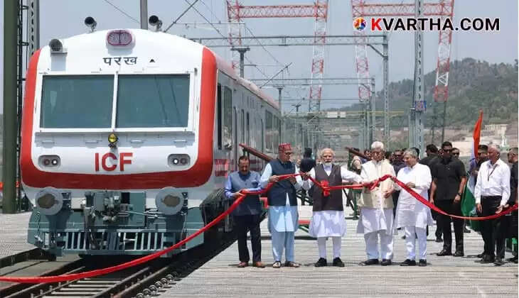Prime Minister Narendra Modi inaugurating the Chenab Railway Arch Bridge in Jammu and Kashmir.