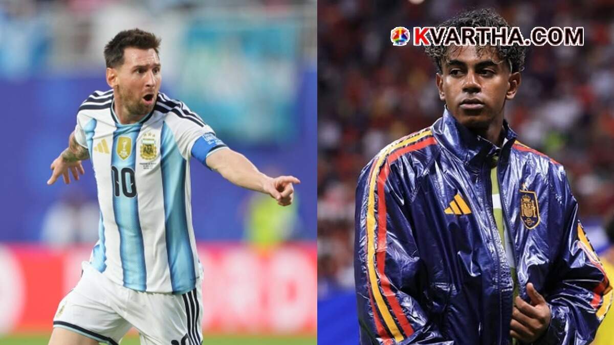Conceptual image of Lionel Messi and Lamine Yamal facing each other
