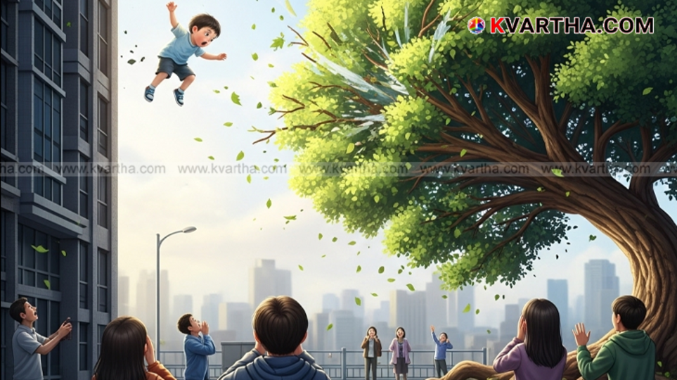 A symbolic representation of a child falling from a high-rise apartment building.