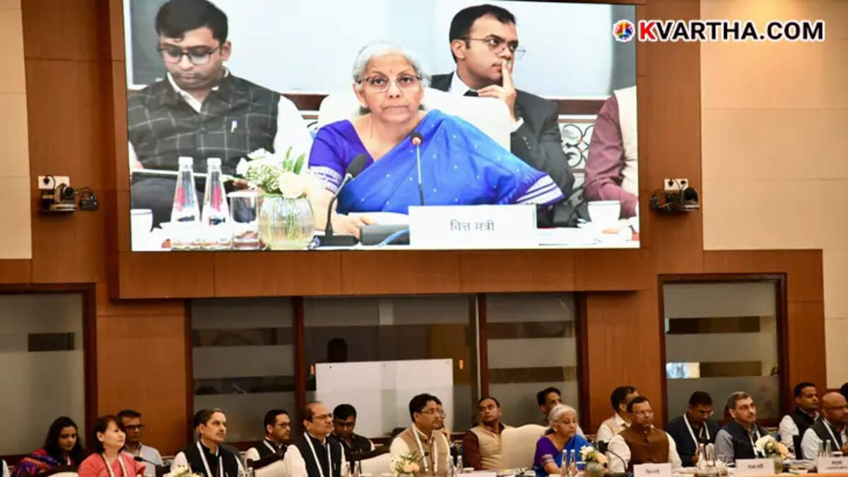 Nirmala Sitharaman leading the GST council meeting in New Delhi.
