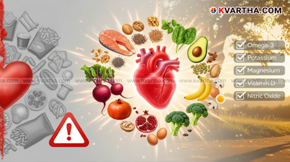 A selection of healthy foods, including nuts, vegetables, and fish, known to improve heart health.