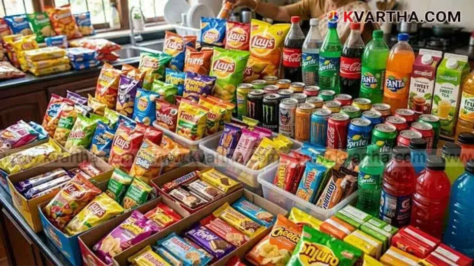 A representational image of various ultra-processed snacks and drinks illustrating their impact on brain health.