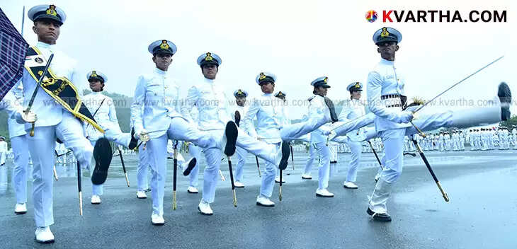 Cadets marching in a passing out parade at Ezhimala Naval Academy.