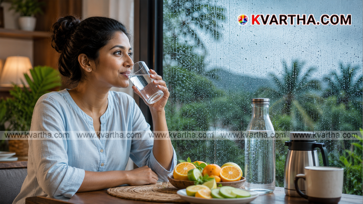 Person drinking a glass of warm water during monsoon