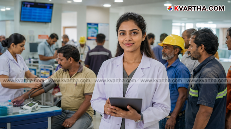 Central government representative explaining the free health check-up scheme for workers.