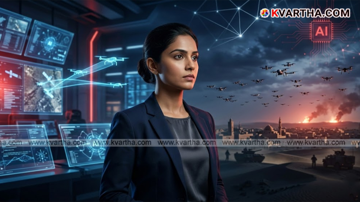Thousands of AI drones flying in a swarm formation during a military operation
