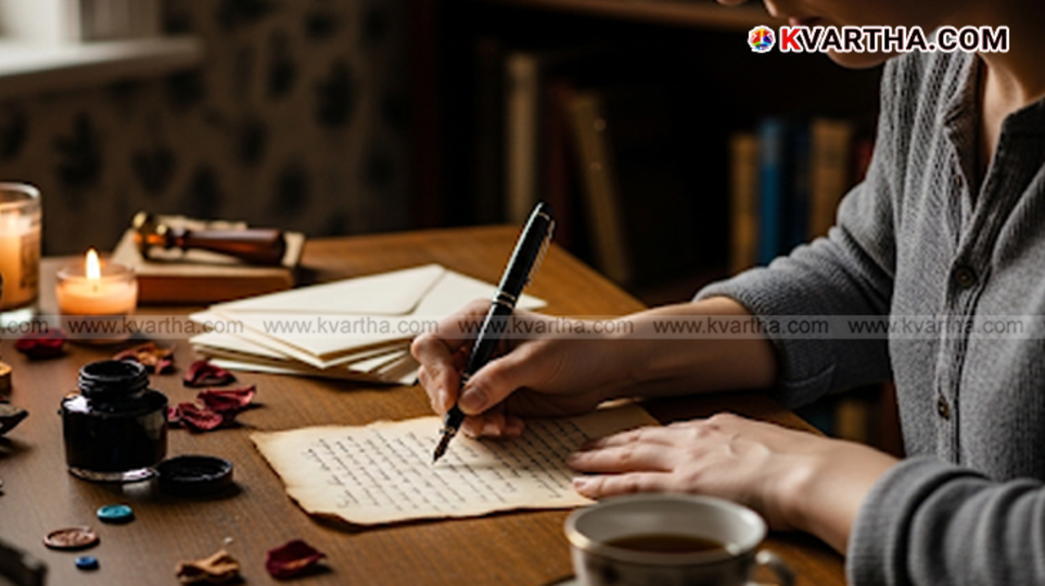 A symbolic photo of a person writing a letter with a pen and paper.