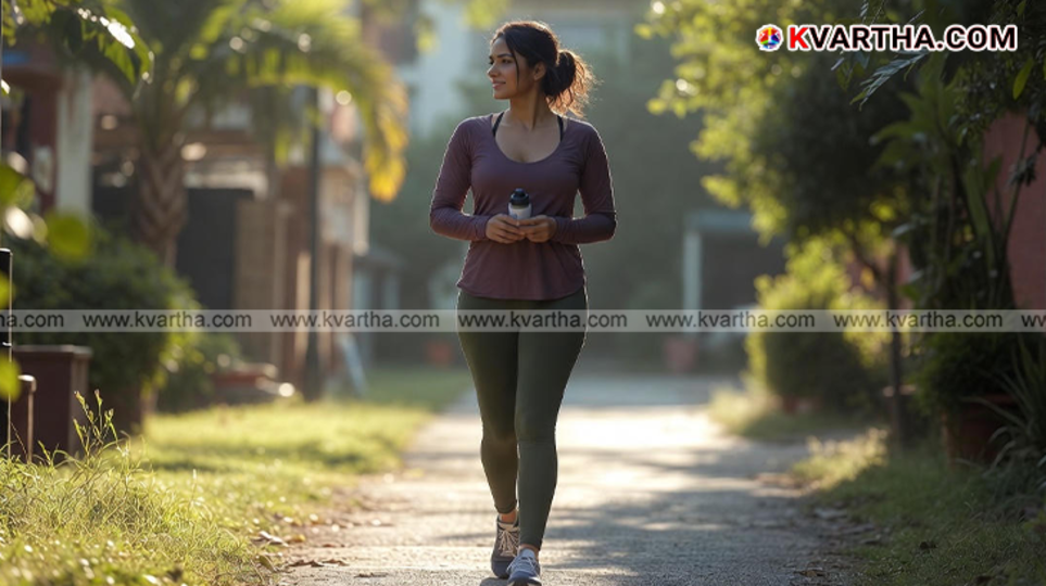 Person walking outdoors after a meal showing improved health.